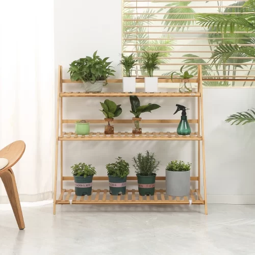 Suporte para Plantas de Bambu Tipo Escada Dobrável – 100x39x97 cm, Natural