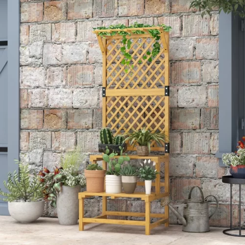 Suporte para Plantas de Madeira de 2 Níveis com Treliça, Natural