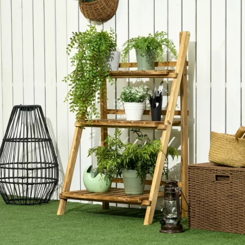 Suporte para Plantas de Madeira de 3 Níveis Dobrável – 60x37x93 cm, Natural