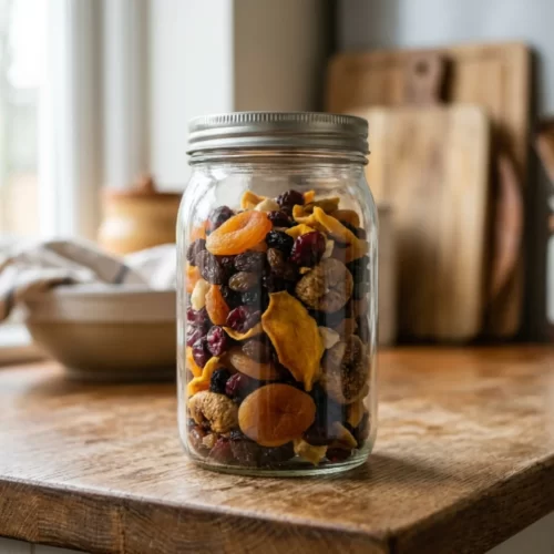 Frasco de vidro fechado com uma mistura de fruta desidratada, como alperces secos, mirtilos e figos, pronta a conservar.