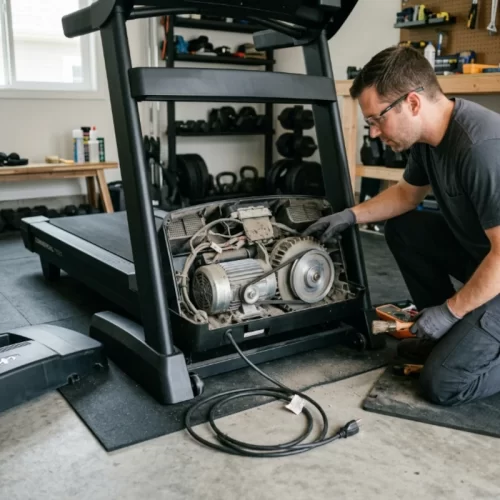 Técnico a verificar o motor de uma passadeira devido a sobreaquecimento
