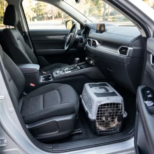 Transportadora com um cão pequeno no chão do lado do passageiro