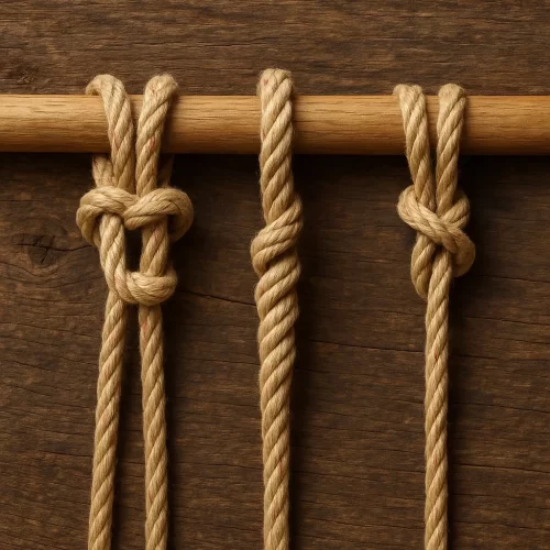 Três técnicas de nós de macramé num varão de madeira - nó plano, nó em espiral e nó de cotovia