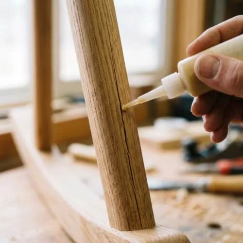Aplicar cola para madera en la grieta de una pata