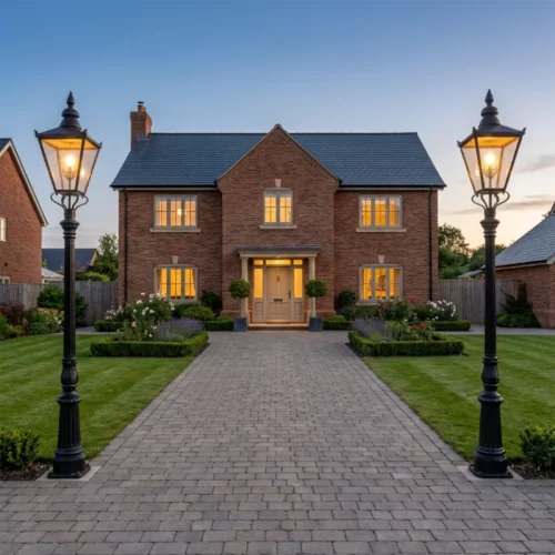 Dois candeeiros iguais nos dois lados do caminho de acesso