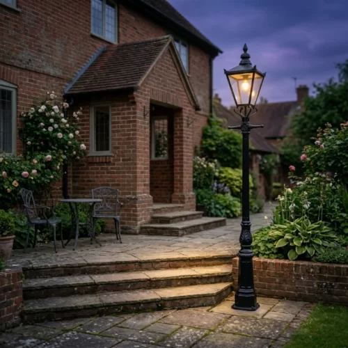 Candeeiro a iluminar os degraus do alpendre e o terraço