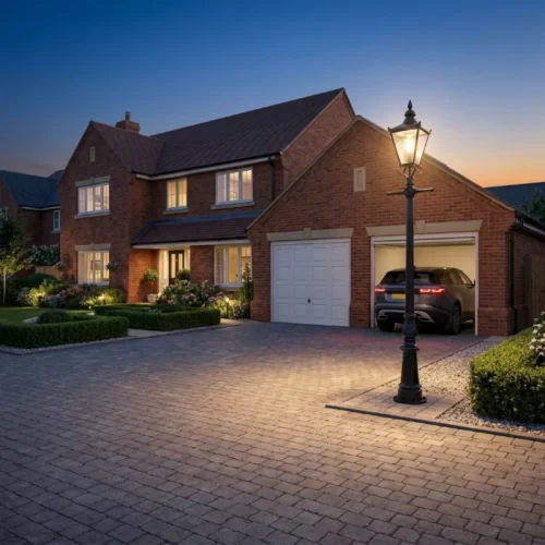 Candeeiro junto à garagem a iluminar o caminho de acesso