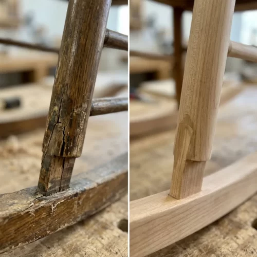 Pata de mecedora antes y después de ser reparada