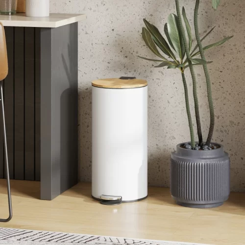 Caixote do lixo HOMCOM de 30 L com pedal, branco e madeira