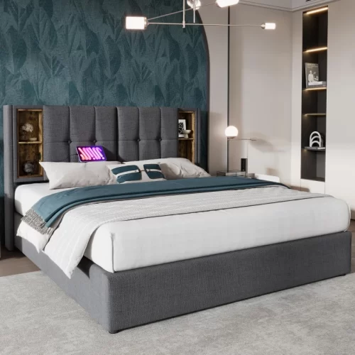 Cama estofada com cabeceira cinzenta e iluminação LED integrada