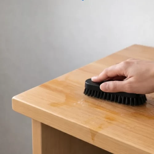 Mão a esfregar uma mesa de madeira com uma escova preta.