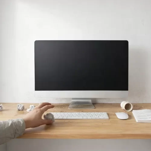 Mão a retirar papel amarrotado de uma secretária com computador.