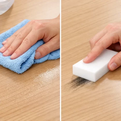Limpeza de uma mesa com pano azul e esponja de melamina.