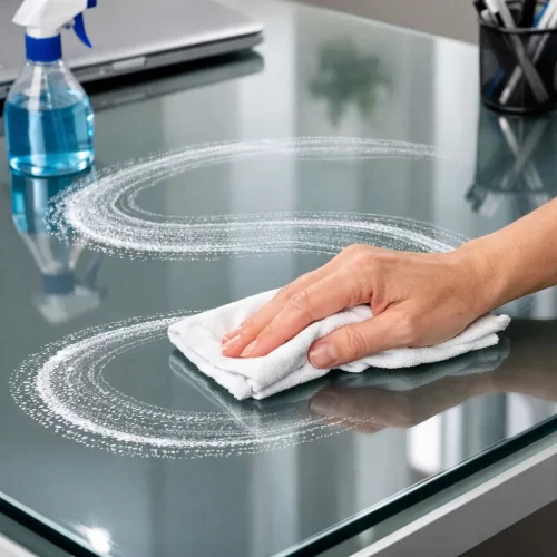 Limpeza de uma superfície de vidro com pano branco e pulverizador.