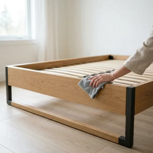 Limpar a estrutura de uma cama de madeira com um pano