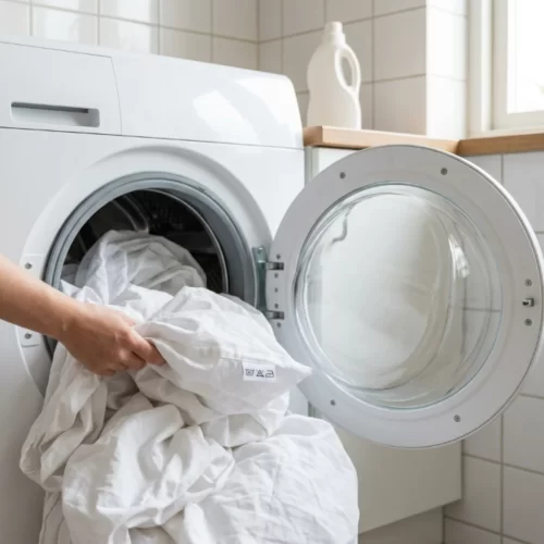 Roupa de cama branca a ser colocada na máquina de lavar