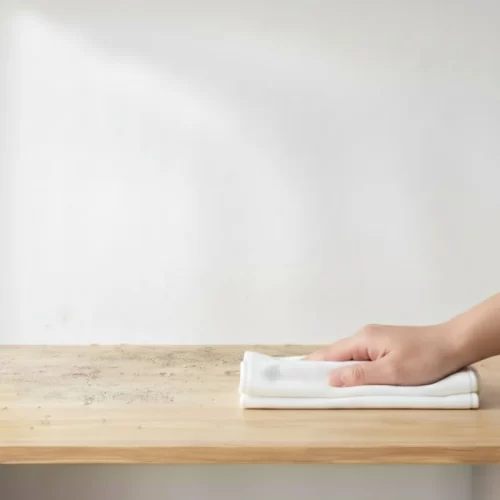 Mão a limpar o pó da secretária com um pano branco