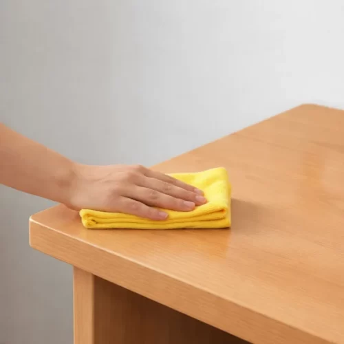 Mão a passar um pano de microfibra amarelo sobre uma mesa de madeira.